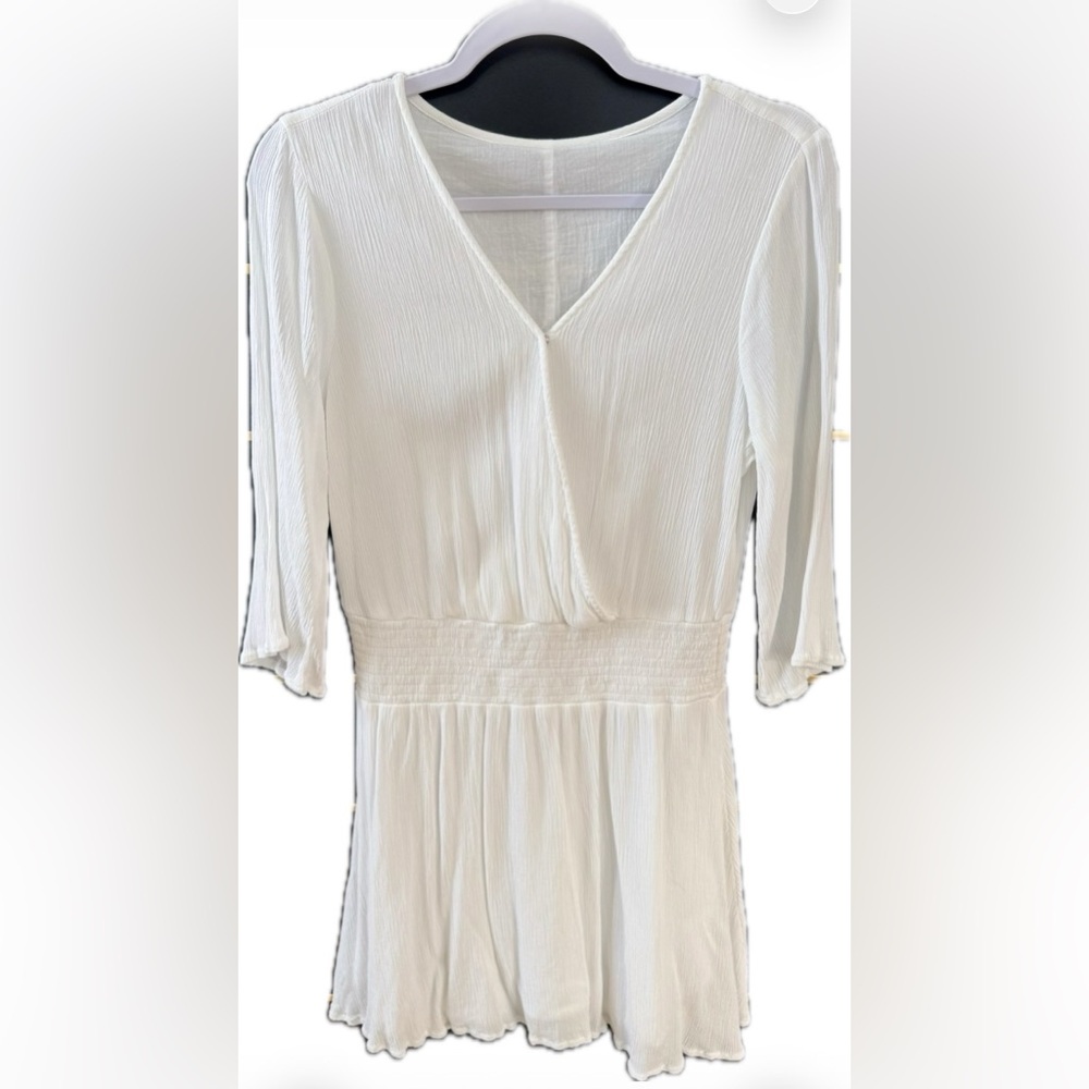 VIVANCE White Crinkle Gauze V-Neck Mini Dress 3/4 Sleeve Smocked Waist Size 6
